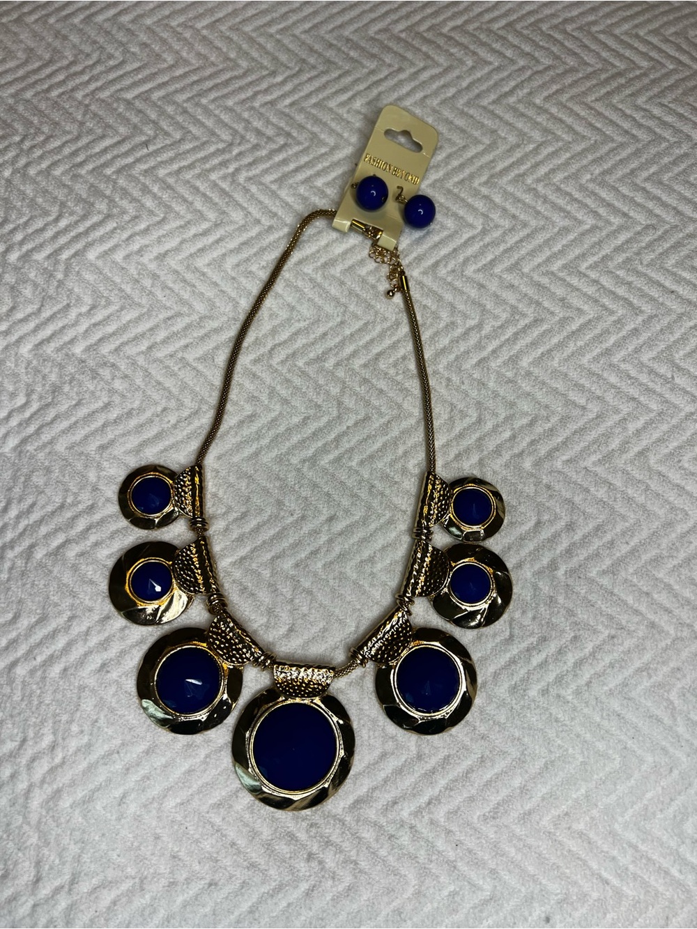Gold-Tone Statement Necklace with Navy Blue Discs - Women Jewelry